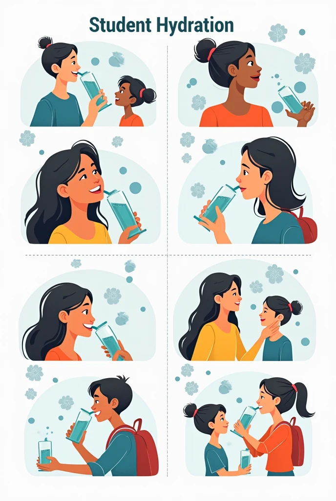 I am looking for an illustration of student hydration in the following style: drawing style: Modern and vector, with smooth, clean lines, and vibrant colors. Cartoonish but realistic. Color: Using a palette of bright and contrasting colors that are pleasant and eye-catching. FORMAT: Illustrations arranged in a book or manual style. This illustration is intended for a guidance and training manual, so it must be clear, accessible and visually appealing."
