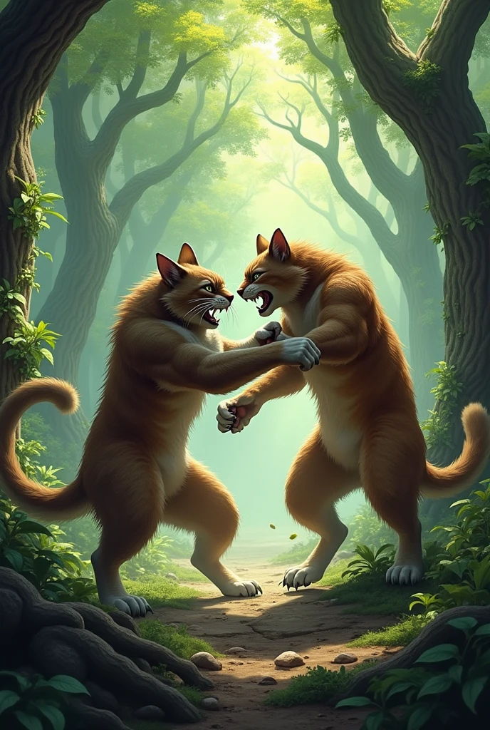 Two cats are fighting with each other and there is a dense forest behind them 