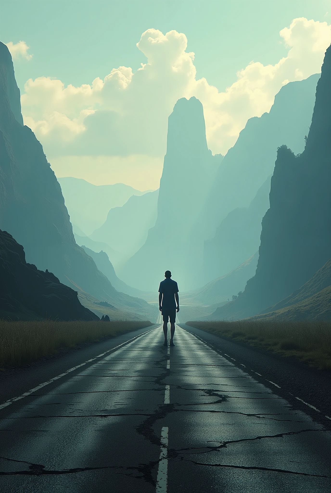 A lone figure on a long road, surrounded by a vast landscape, digital art, cinematic lighting, concept art