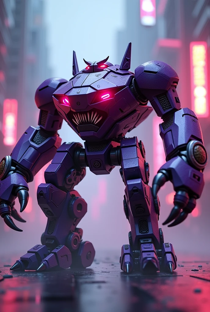 a highly detailed hexagonal prism robot with crab-like legs, red eyes, sharp teeth, a purple crab-shaped body, floating and flying. claw hand. high tech design. hulkbuster body. mecha robot. big bazooka.,Cyberpunk, dreamy glow, luminous neon lights, ( Global illumination, Ray traching, hdr, unreal render,reasonable design, high detal, Masterpiece, Best quality, hyper HD, Cinematic lighting), Mecha musume. jackpack.