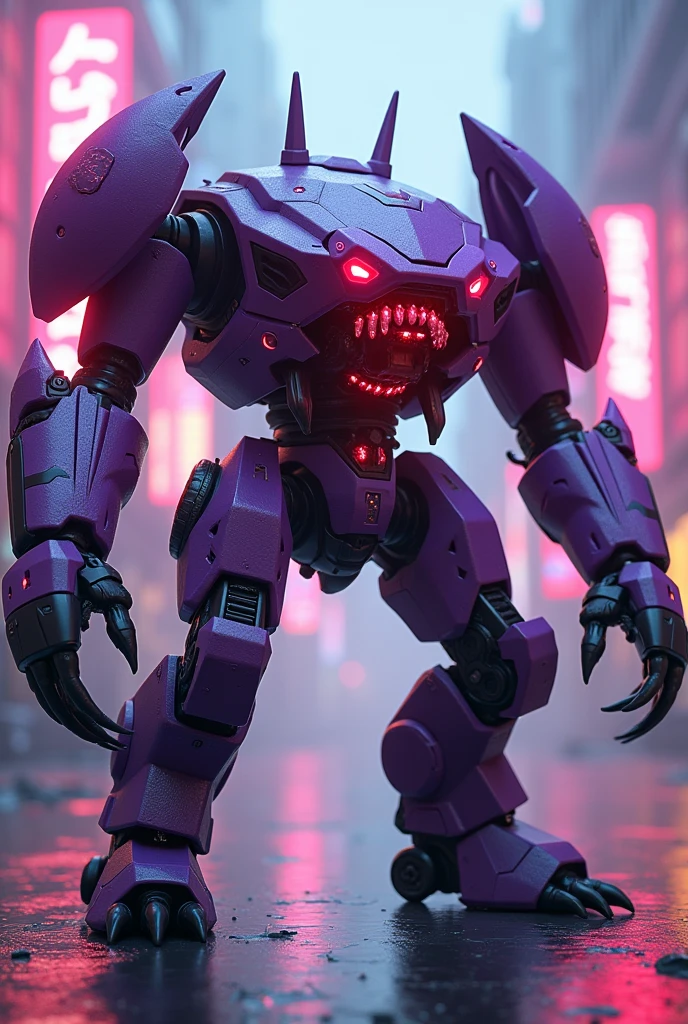 
a highly detailed hexagonal prism robot with crab-like legs, red eyes, sharp teeth, a purple crab-shaped body, floating and flying. claw hand. high tech design. hulkbuster body. mecha robot. big bazooka.，Cyberpunk, dreamy glow, luminous neon lights, ( Global illumination, Ray traching, hdr, unreal render,reasonable design, high detal, Masterpiece, Best quality, hyper HD, Cinematic lighting), Mecha musume. jackpack.




