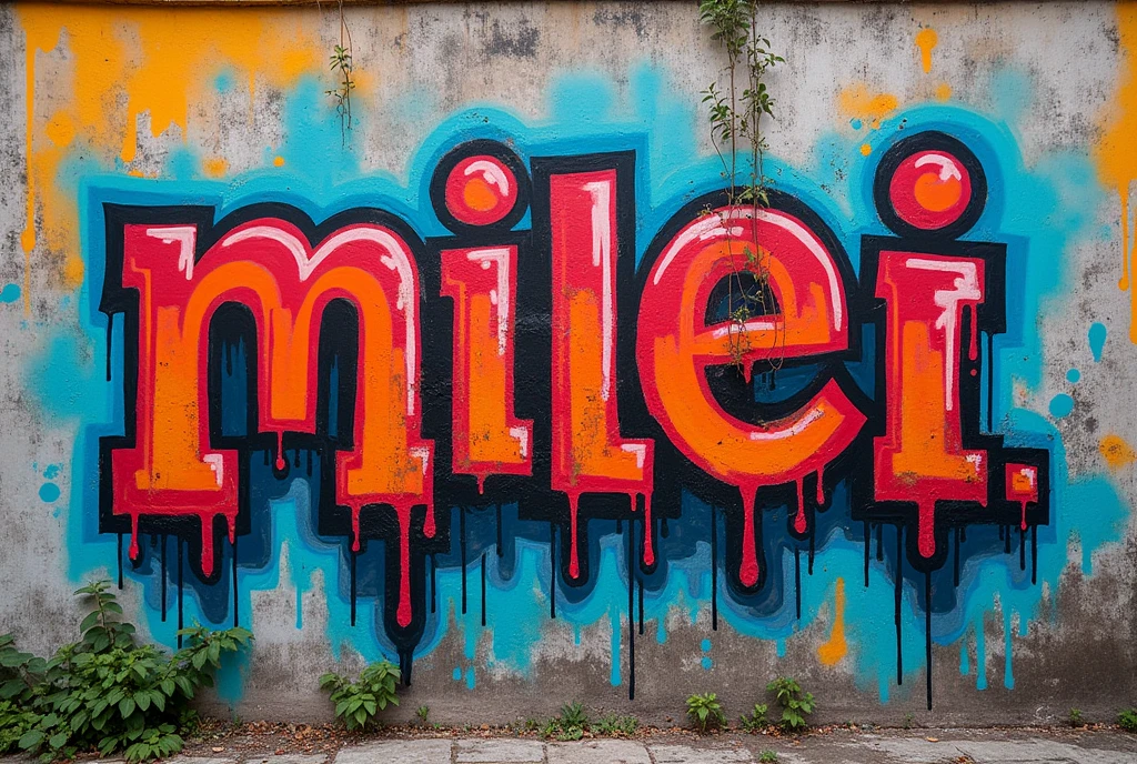 A ghetto style, MULTICOLOR GRAFFITI on a WALL with the text "MILEI ES NOCIVO PARA ARGENTINA"
