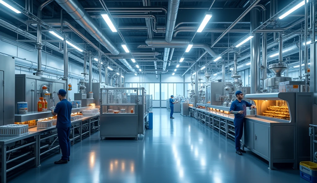 a fish oil factory, fish processing plant, industrial machinery, stainless steel equipment, conveyor belts, fish filleting, oil extraction, centrifugation, refining, bottling, packaging, large-scale production, industrial process, high quality fish oil, omega-3 fatty acids, health benefits, nutritional supplement, (best quality,8k,highres,masterpiece:1.2),ultra-detailed,physically-based rendering,professional,vivid colors,studio lighting