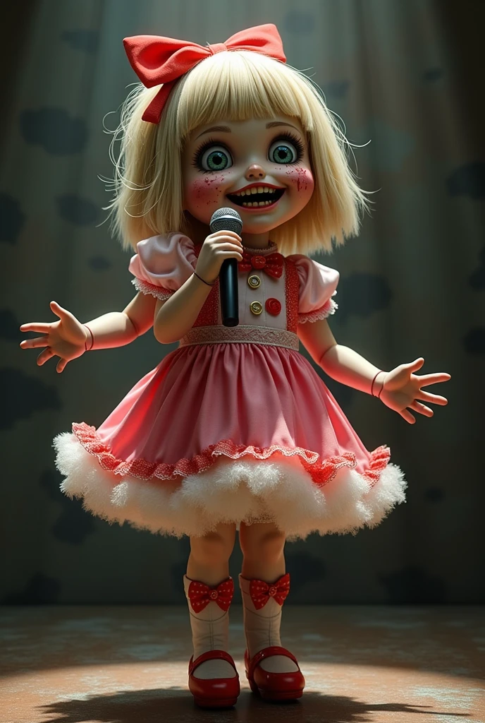 Annabelle from the movie "The Conjuring". Her face is covered in scars and she's smiling, which is very scary. She is wearing a frilly costume from a Japanese idol group. Bob cut black hair. Singing with a microphone. They are doing a cute dance.