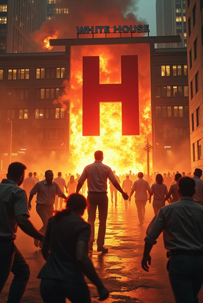 I want an image of an office with people from all over the world..i catching fire with a facade with a red letter h and written in white house zitão the technicians setting fire and others running scared