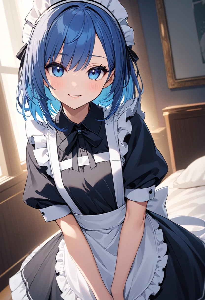 maid、黒のmaid服、Blue eyes、Beautiful blue hair、Small smile