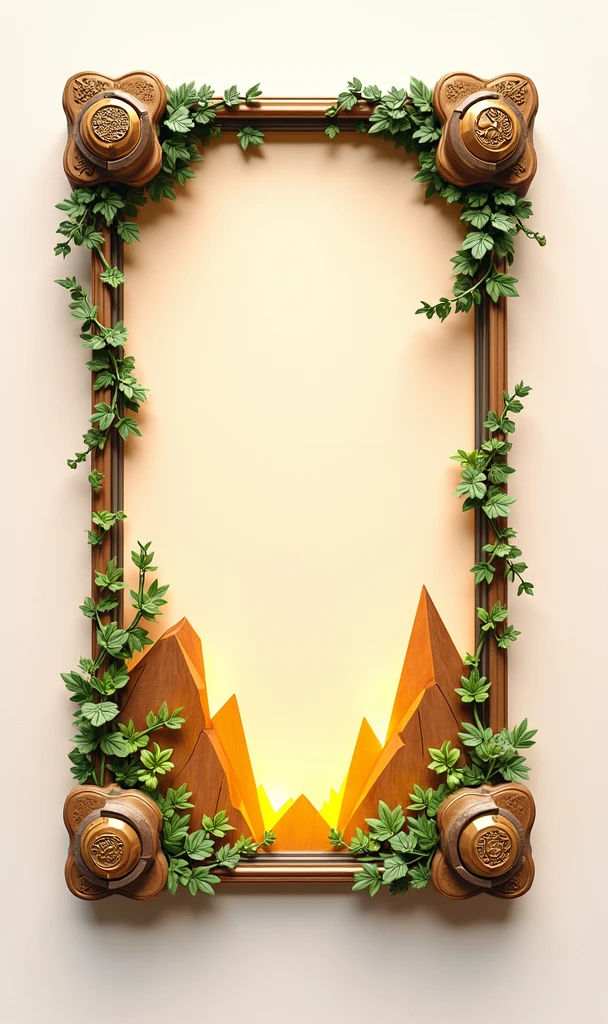 Design a 3D stylized card frame for an earth-themed character with a structure that follows the frame in the provided image. The frame should use earthy browns, mossy greens, and rich gold shades with glowing rock and vine effects around the edges. Incorporate mountain motifs at the top, metallic bronze corners with a rough-hewn texture, and vine-like patterns on the sides that resemble creeping plants. The bottom section should feature a stone texture with cracks filled with glowing moss and engraved earth symbols. Add a nameplate at the bottom, designed to look like an ancient stone tablet, with the text in a rugged, earthy font that fits the natural theme. The overall design should reflect the solidity and growth of earth while providing space for character art and stats