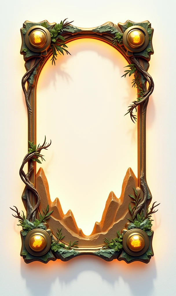 Design a 3D stylized card frame for an earth-themed character with a structure that follows the frame in the provided image. The frame should use earthy browns, mossy greens, and rich gold shades with glowing rock and vine effects around the edges. Incorporate mountain motifs at the top, metallic bronze corners with a rough-hewn texture, and vine-like patterns on the sides that resemble creeping plants. The bottom section should feature a stone texture with cracks filled with glowing moss and engraved earth symbols. Add a nameplate at the bottom, designed to look like an ancient stone tablet, with the text in a rugged, earthy font that fits the natural theme. The overall design should reflect the solidity and growth of earth while providing space for character art and stats