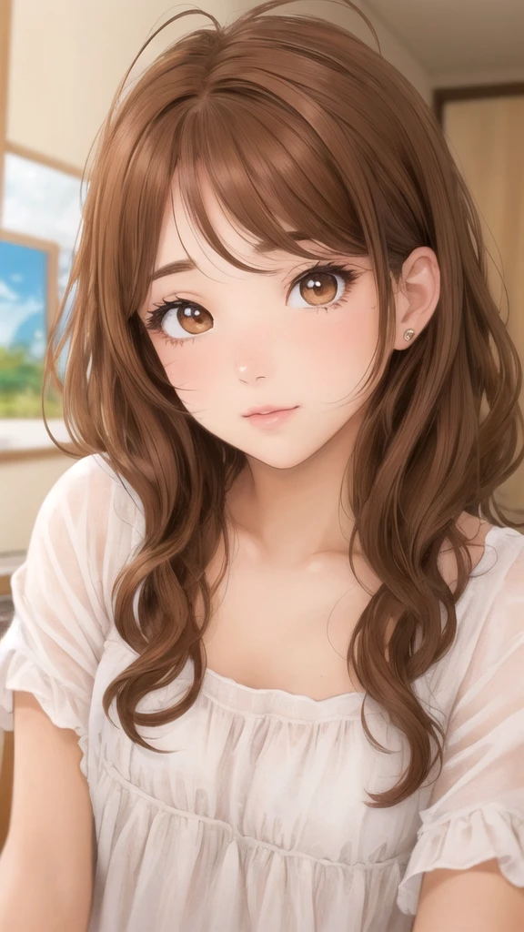 1girl' brown eyes' beautiful eyelashes' (Brown Hair)' (Brown Hair curtos), (Brown Hair curtos e cacheados), (Messy Hair)  Costume, Line art, Highest quality, Best details