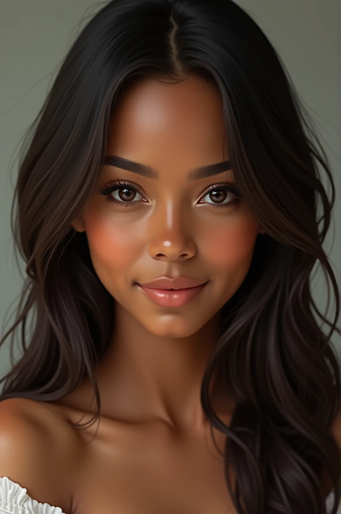 woman with dark skin, long straight hair, brown eyes and an innocent smile.
