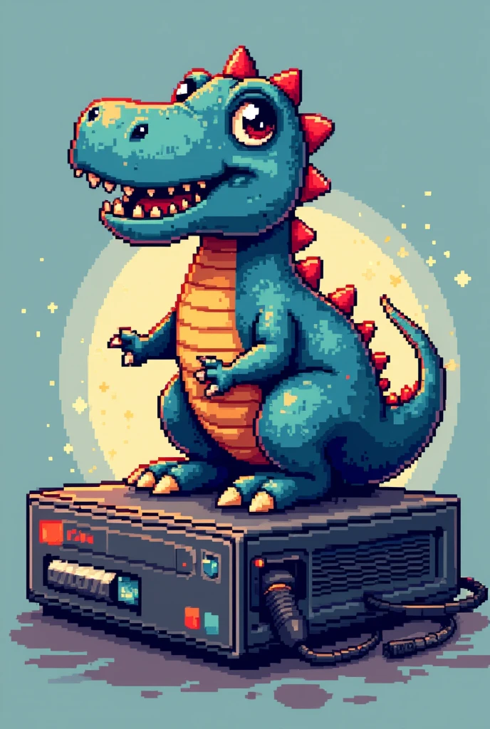 create a t-shirt print featuring a pixelated internet dinosaur sitting on a computer or notebook