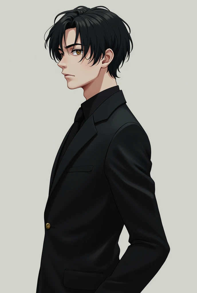 Black haired anime man in black suit with short wavy hair, Brown eyes with a bit of green, full body and profile