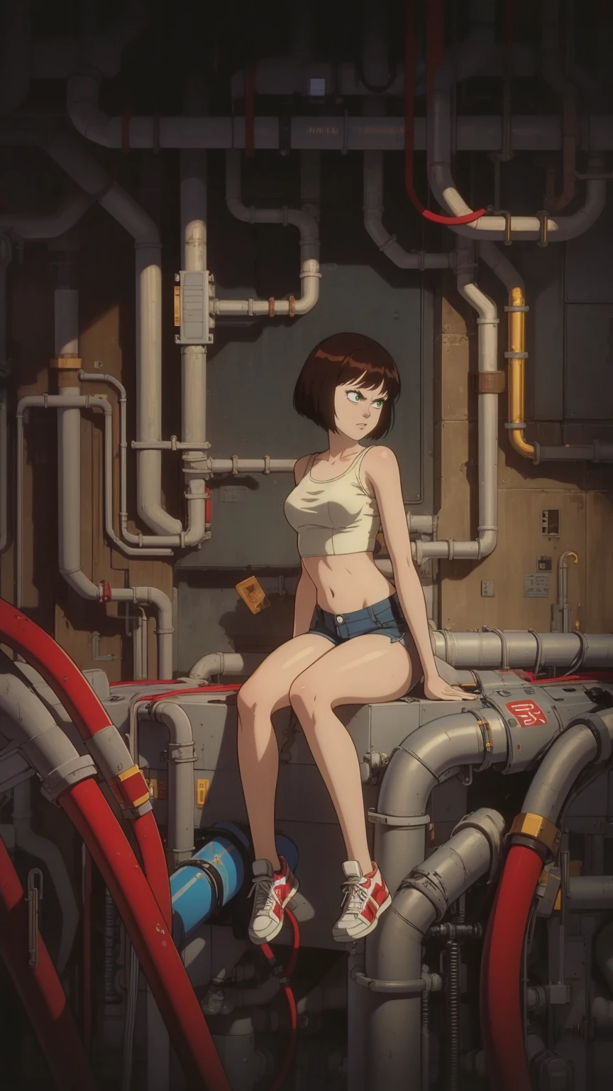 An alluring girl, brown hair, bob cut hair, expressionless, closed mouth, shorts, crop top, sneakers, (straddling:1.2) a tube, (best quality, high resolution, outstanding composition, masterpiece:1.4), (technology, machinery, pipes, tubes:1.5), (manga linework:1.2), high details
