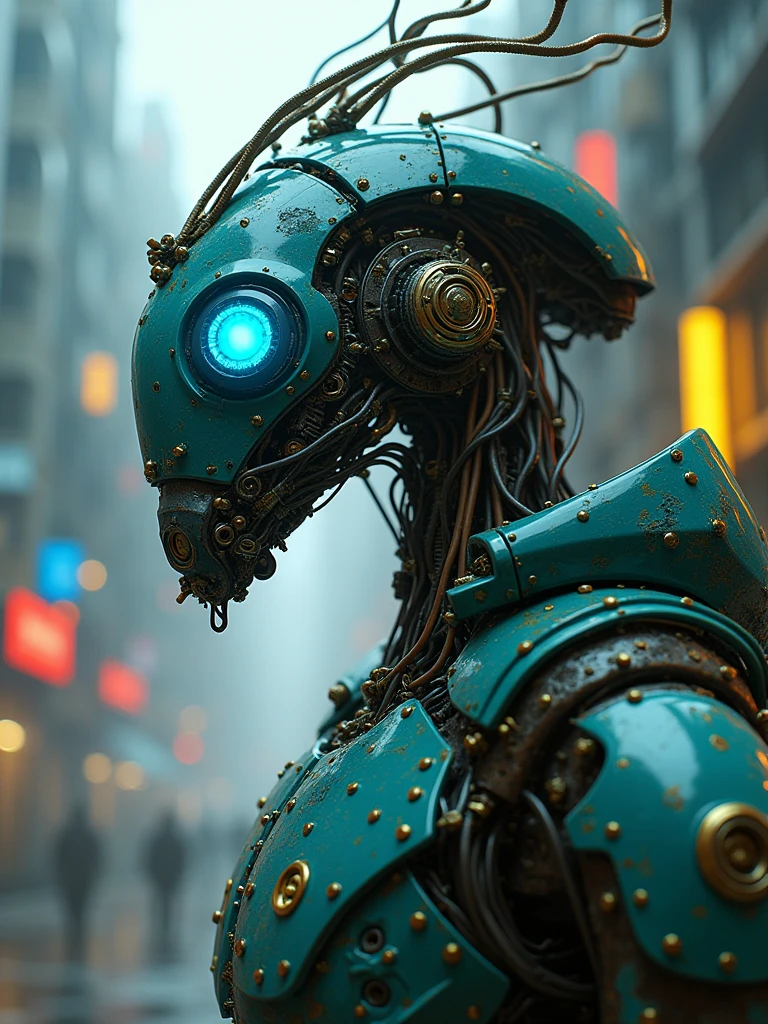 ((Masterpiece artwork, 16K, best qualityer, high resolution: 1.3)), (a portrait of a biomechanical Mosquito robot: 1.2), (Hyperdetailed and intricate matte painting by Jean Baptiste Monge, Jesper Ejsing, Anton Fadeev, Peter mohrbacher: 1.2), (hypermaximalist, Precision: 1.2), (blue, greens, yellows: 1.2), (The robot lion is a fusion of organic and mechanical elements: 1.2), (Its mane is composed of intricate details,  Tendrils and metallic wires:1.2), (Its eyes gleam with a vibrant blue light, Suggesting AI:1.2 Advanced), (The body is a complex arrangement of gears, Pistons and circuits:1.2), (The mechanical parts are perfectly integrated with the organic features, Creating a harmonious blend:1.2), (The background is a futuristic industrial landscape with imposing structures and neon lights:1.2),  (the composition showcases the intricate details of the mosquito robot and the futuristic setting:1.2), (A moment frozen in time, capturando a essência do avanço tecnológico e da Precision artística: AR-16:9
