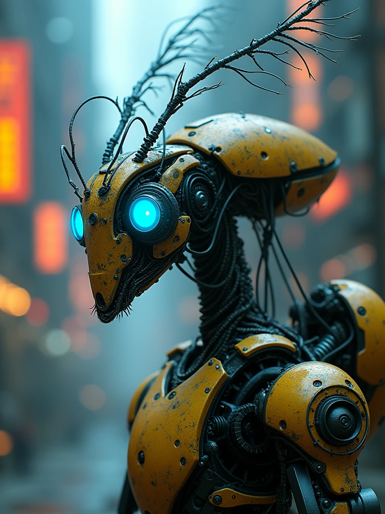 ((Masterpiece artwork, 16K, best qualityer, high resolution: 1.3)), (a portrait of a biomechanical Mosquito robot: 1.2), (Hyperdetailed and intricate matte painting by Jean Baptiste Monge, Jesper Ejsing, Anton Fadeev, Peter mohrbacher: 1.2), (hypermaximalist, Precision: 1.2), (blue, greens, yellows: 1.2), (The robot lion is a fusion of organic and mechanical elements: 1.2), (Its mane is composed of intricate details, Tendrils and metallic wires:1.2), (Its eyes gleam with a vibrant blue light, Suggesting AI:1.2 Advanced), (The body is a complex arrangement of gears, Pistons and circuits:1.2), (The mechanical parts are perfectly integrated with the organic features, Creating a harmonious blend:1.2), (The background is a futuristic industrial landscape with imposing structures and neon lights:1.2), (the composition showcases the intricate details of the mosquito robot and the futuristic setting:1.2), (A moment frozen in time, capturando a essência do avanço tecnológico e da Precision artística: AR-16:9
