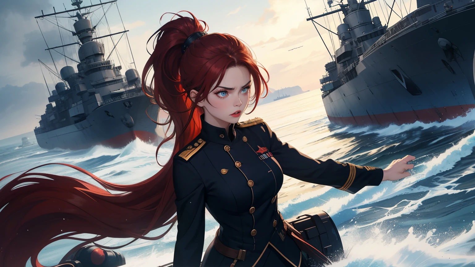 Hot young woman, long red hair, ponytail, admiral's uniform, many nautical tattoos, black make-up, high boots, high quality, best quality, high details, blue eyes, perfect body, The battle between two battleships can be seen in the background, navy, guns, masterpiece, multilayer, angry eyes
