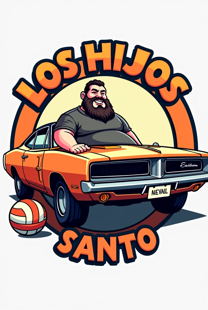Circular cartoon logo
Include name in mayus: Los hijos del padre santo
Include a chubby person with beard and without mustache inside a dodge charger
Include a volleyball ball