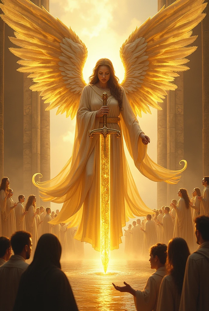 Giant angel with a golden robe and a giant golden sword raised in his hand the angel is standing next to a stone pool with water ,Behind the angel there is a crowd of people, men and women smiling, dressed in white, and in front of the angel there are dark spirits that cannot pass through.