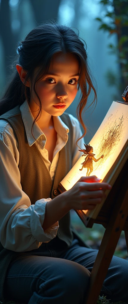 a magical glowing sketchbook, an artist sitting at an easel, surprised expression, animated elf drawing, beautiful detailed eyes, beautiful detailed lips, extremely detailed face and eyes, long eyelashes, intricate fantasy details, mystical lighting, digital painting, dramatic composition, vibrant colors, cinematic lighting, cinematic atmosphere, award winning concept art, high quality art