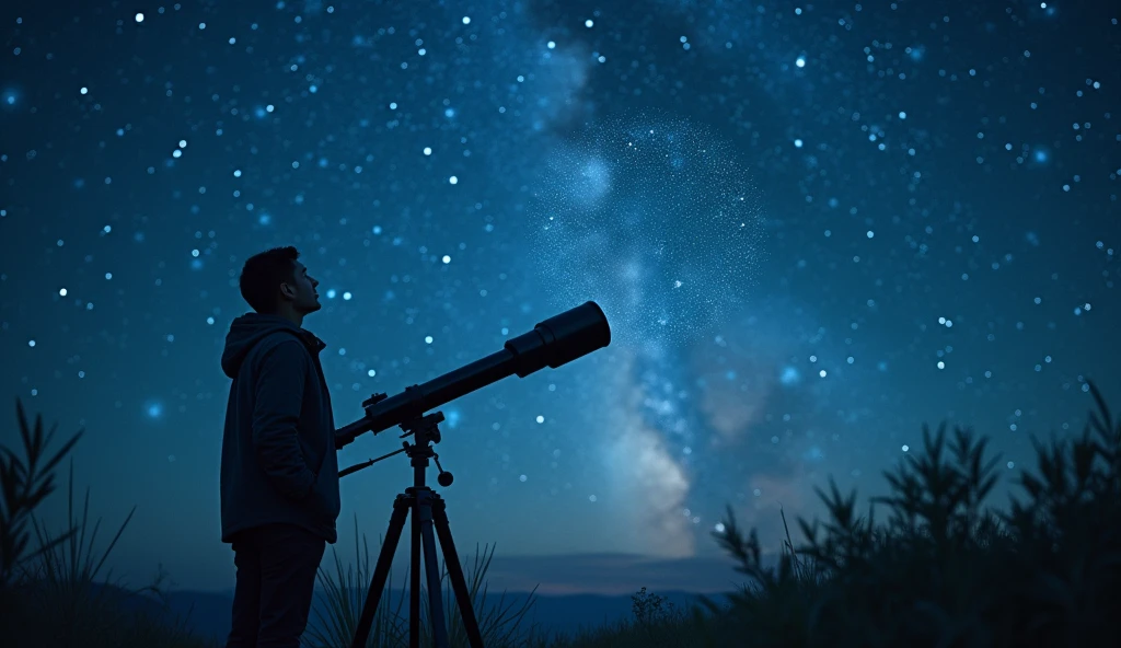 A serene scene of a person gazing at a starry night sky with a telescope. The stars are bright and the atmosphere is mystical and calm, conveying the intuitive and visionary qualities associated with master number 11. The person looks deeply contemplative and connected to the cosmos. --ar 16:9