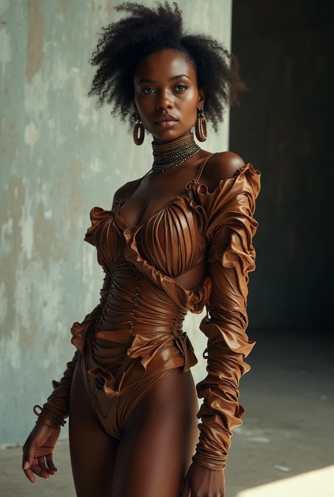 Create an avant-garde fashion scene featuring a model with African descent, but with the features of Angelina Jolie. The model is dressed in an experimental, artistic outfit that defies conventional fashion norms, showcasing bold, non-traditional materials and striking, asymmetrical designs. The setting is an abstract, minimalist environment with sharp contrasts and dramatic lighting, emphasizing the uniqueness of the attire. The composition should capture the model's entire body, ensuring that she is fully visible within the 16x9 frame, from head to toe, maintaining her elegance, confidence, and sophisticated presence.
Filmed on ARRI ALEXA 65, Bokeh, sharp focus on the subject, shot by Don McCullin. The atmosphere should exude a sense of artistic expression, with the model embodying the essence of avant-garde fashion—daring, bold, and cutting-edge.
Keywords: beauty, model, elegance, glamour, fashion, stunning, radiant, chic, graceful, confident, striking, flawless, alluring, photogenic, sophisticated, enchanting, captivating, charismatic, runway, editorial, beauty standards, artistic, style, aesthetic, personality, portrait, beauty photography, professional model, fashionista, trendsetter."