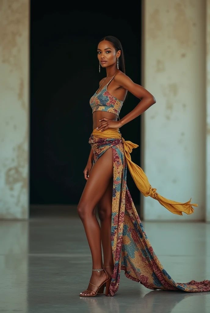 Create an avant-garde fashion scene featuring a model with African descent, but with the features of Angelina Jolie. The model is dressed in an experimental, artistic outfit that defies conventional fashion norms, showcasing bold, non-traditional materials and striking, asymmetrical designs. The setting is an abstract, minimalist environment with sharp contrasts and dramatic lighting, emphasizing the uniqueness of the attire. The composition should capture the model's entire body, ensuring that she is fully visible within the 16x9 frame, from head to toe, maintaining her elegance, confidence, and sophisticated presence.
Filmed on ARRI ALEXA 65, Bokeh, sharp focus on the subject, shot by Don McCullin. The atmosphere should exude a sense of artistic expression, with the model embodying the essence of avant-garde fashion—daring, bold, and cutting-edge.
Keywords: beauty, model, elegance, glamour, fashion, stunning, radiant, chic, graceful, confident, striking, flawless, alluring, photogenic, sophisticated, enchanting, captivating, charismatic, runway, editorial, beauty standards, artistic, style, aesthetic, personality, portrait, beauty photography, professional model, fashionista, trendsetter."