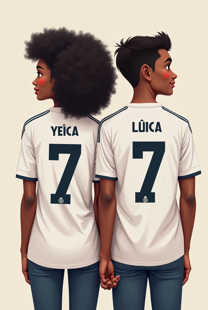 A couple with white Real Madrid shirts with the number 7 and the man says Luis and the woman Yeica, the woman says Yeica from back to back, they are young from back to back, dark-skinned, the man with short hair, the man