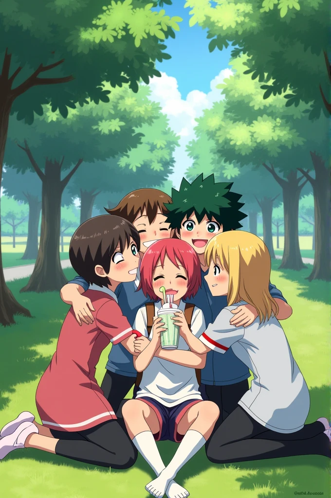 Yuji itadori, fushiguro megumi, Satoru Gojo, Nobara Kugisaki and Izuku Midoriya from My Hero Academia. They are all hugging Ochako Uraraka from My Hero Academia who is drinking a milkshake with a park in the background 