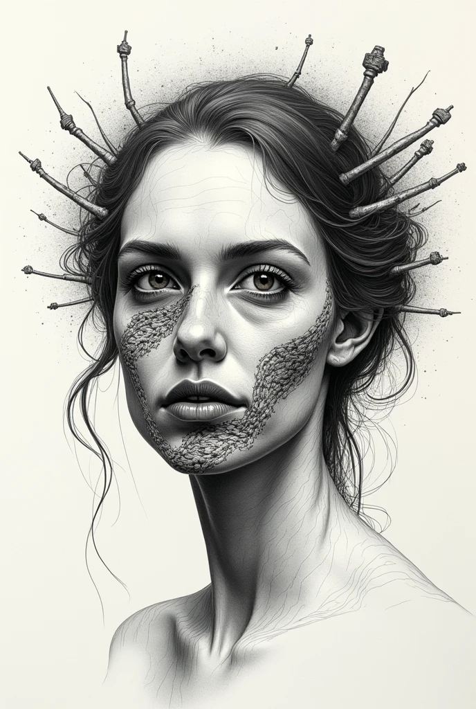 Woman with face breaking surreal art pen drawing unique art 