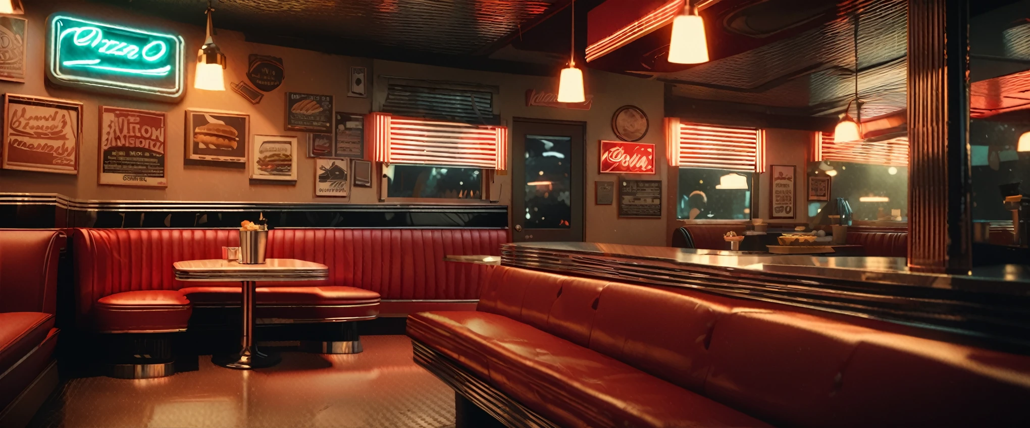 a diner at night, neon signs, 20th century aesthetic, cozy atmosphere, detailed interior, comfortable seating, warm lighting, retro decor, classic American diner, detailed food and drink, reflective surfaces, cinematic mood, vibrant colors, dramatic contrast, moody atmosphere, photorealistic, 8k, best quality, masterpiece, ultra-detailed