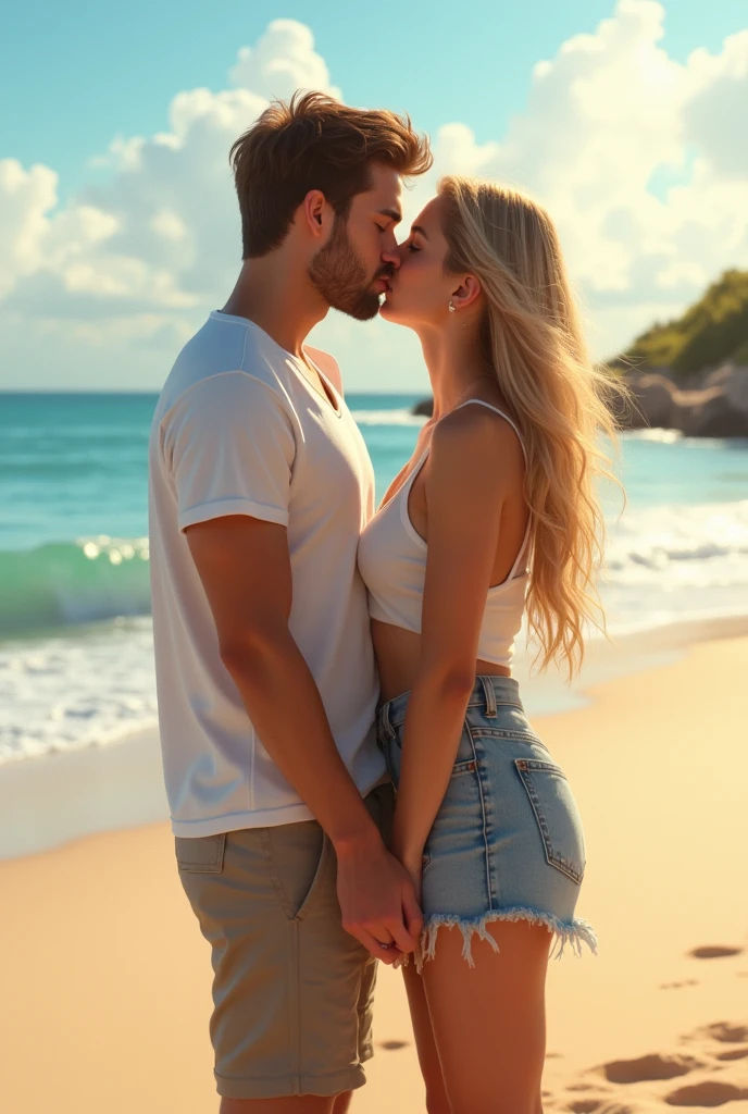 A girl kissing her bf at beach