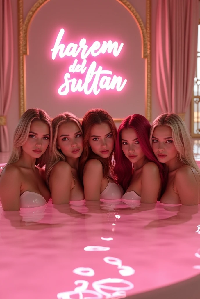 (photorealism:1.2), 6 extremely beautiful young harem girls, sexy nude, Pretty perfect faces like kendall jenner and Margot Robbie and young Jennifer Connelly and young Brooke Shields, blonde and redhead straight hair, light skin, looking sexy and sumisive at viewer in very large pink Jacuzzi pool in pink luxurious bathroom of pink palace, a beautiful pink sign "Harem del sultán" on the back wall, realistic, intricate details