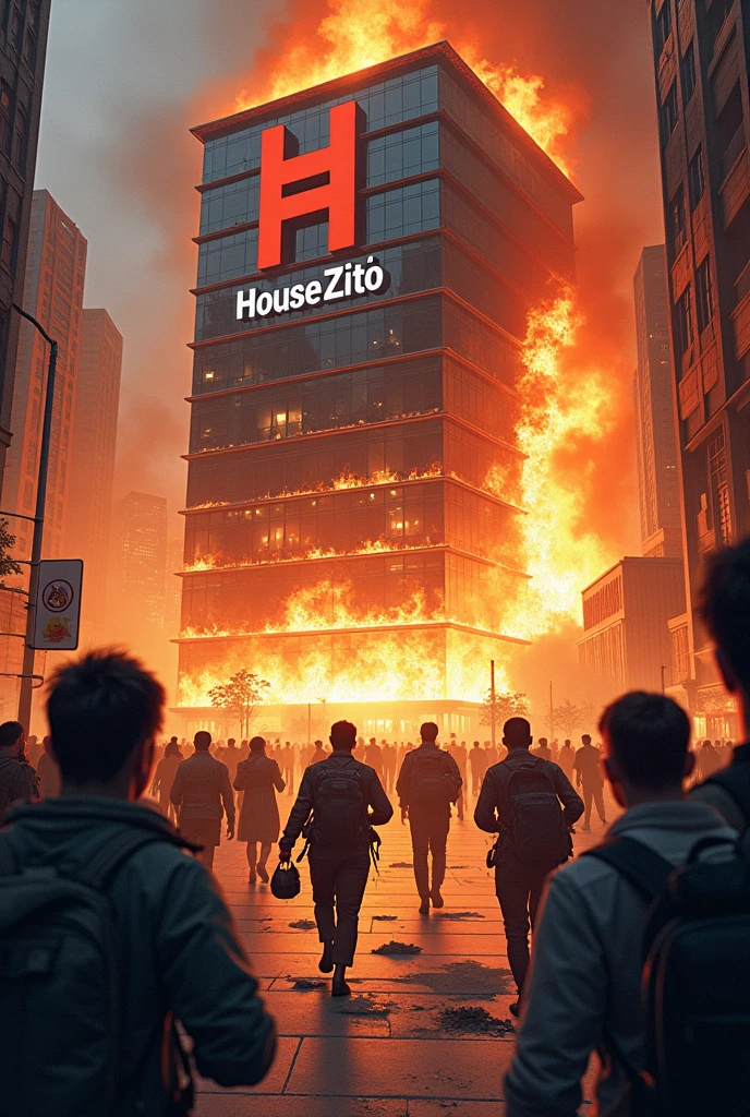 I want an image of an office with people from all over the world..i catching fire with a facade with a red letter h and the word house zitão written in white and the technicians setting fire and others running scared