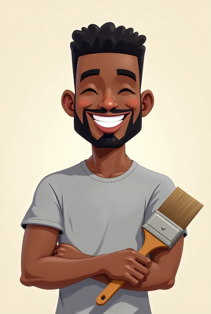 Square head man full face black man with goatee black hair smiling in light gray t-shirt with bricklayer brush in hand in cartoon