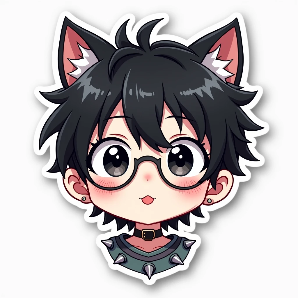I want to create a series of stickers for WhatsApp and Telegram where the character is a boy with white skin, black eyes, black hair, cat ears, glasses, and a spiked necklace around his neck.
