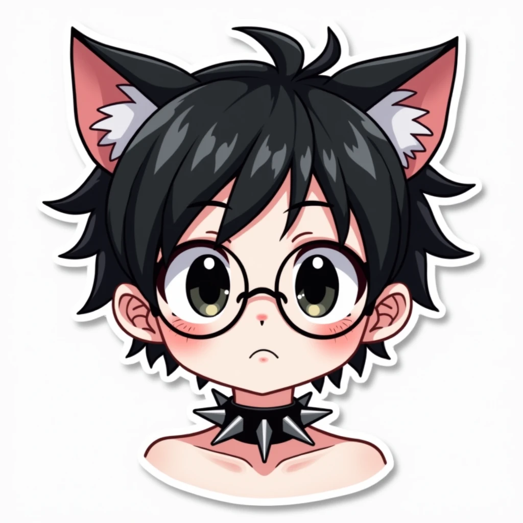 I want to create a series of stickers for WhatsApp and Telegram where the character is a boy with white skin, black eyes, black hair, cat ears, glasses, and a spiked necklace around his neck.