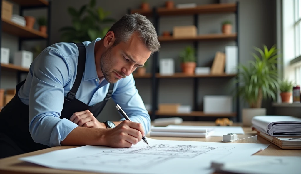 A skilled architect or builder working on detailed blueprints in a well-organized workspace. The setting is modern and professional, with clear plans and structures. The scene conveys the practical and ambitious energy of master number 22. --ar 16:9
