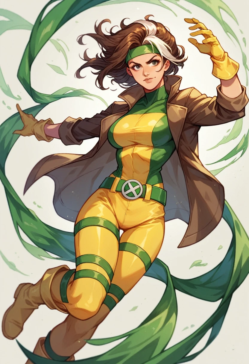 1girl, superhero, x-men, beautiful, long brown hair with white streak, green headband, yellow costume with green sides, brown jacket, belt, yellow gloves, yellow boots