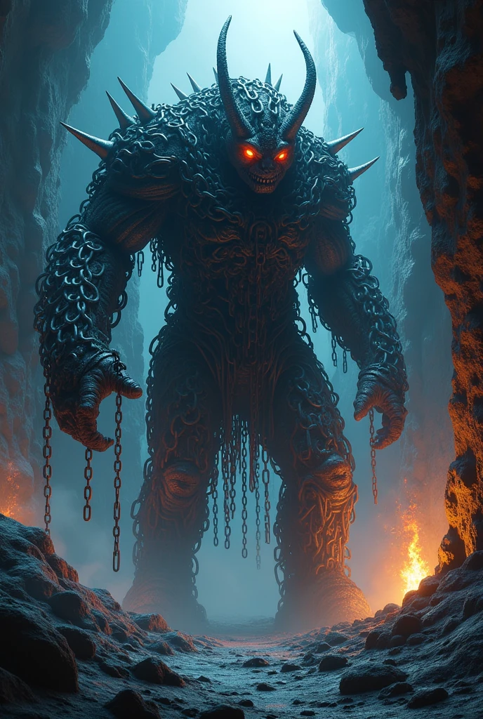 Chain monster, monster formed from chains, walking, chains dragging on the floor, broken chains struck on the wall, dungeon, underground jail, dark blue tone, lighting from torches, orange highlight, light and shadow, dynamic pose, depth of field