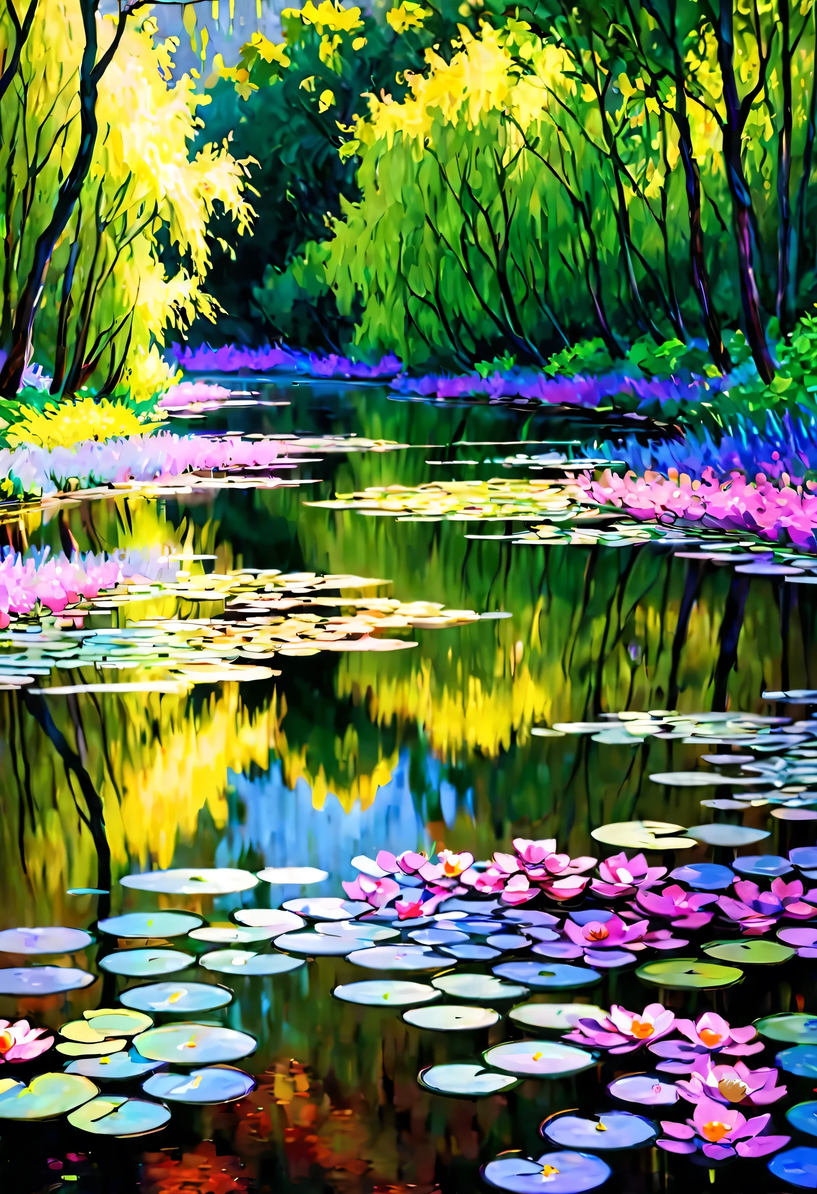 Generate Claude Monet-inspired artistic concepts featuring breathtaking visual effects, Incorporating impressionist techniques and vibrant colors、It represents a timeless serenity.。.