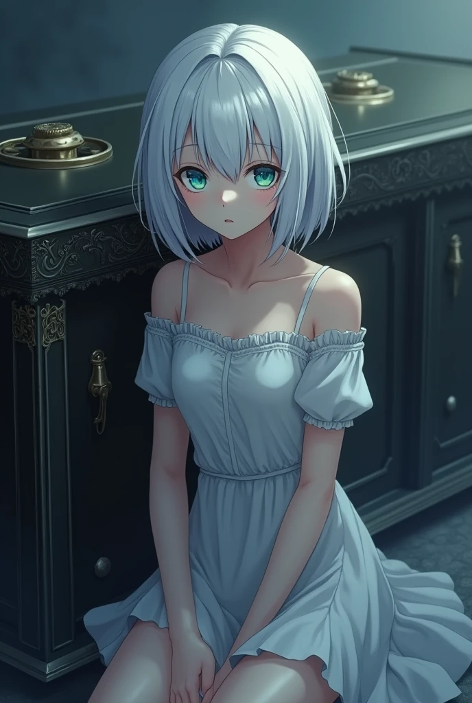 anime style, young adult woman, with blue right eye and green left eye, short white hair.
Sitting next to a coffin.