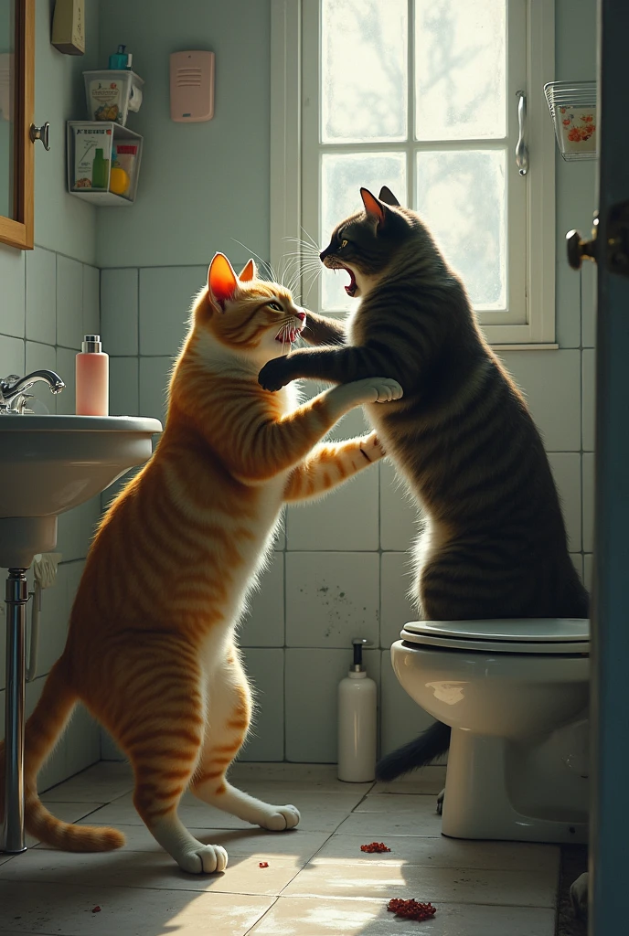 Two cats are fighting with each other and there is a bathroom at the back she is fighting in the washroom