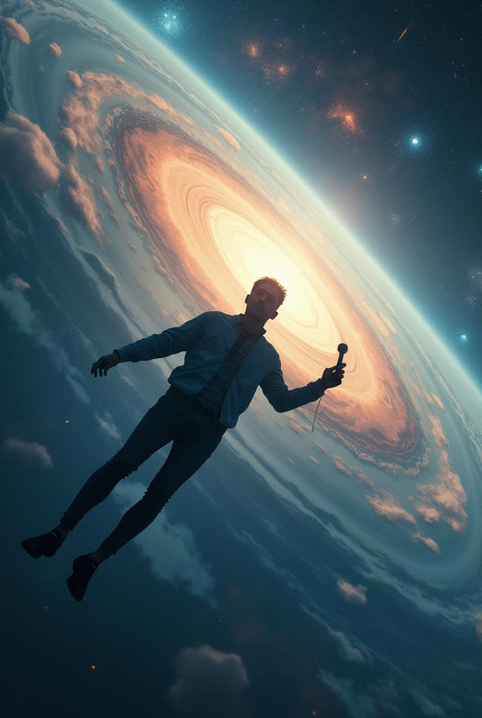 a close up of a space scene with planets and a spaceship, A man flying over the universe, drifting in space, floating next to the planets, floating in space, floating in outer space, outer space, space, floating on space, official art, in space, of space travel, outerspace, Out of this world, Album cover of a man isolated from the world with a microphone in his hand and no face.
