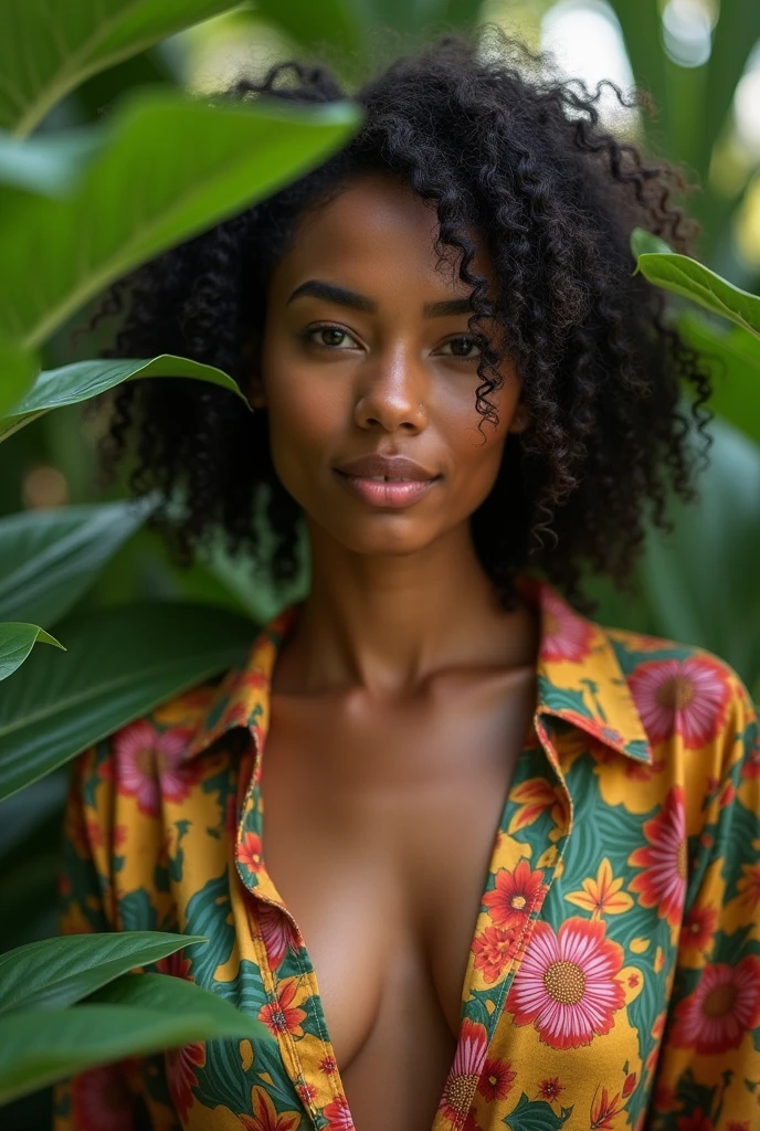 A Brazilian woman in a lush tropical garden, wearing an open shirt with a floral print, with a close-up capturing the harmonious beauty between her breasts and the natural flowers, showing off your natural charm and outgoing personality.