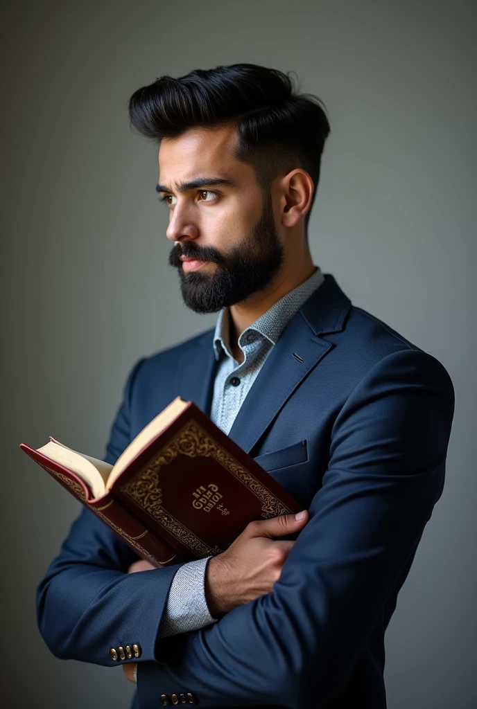 A young man with a black beard,wearing blue suit with black dots,holding a bible on his hand, 