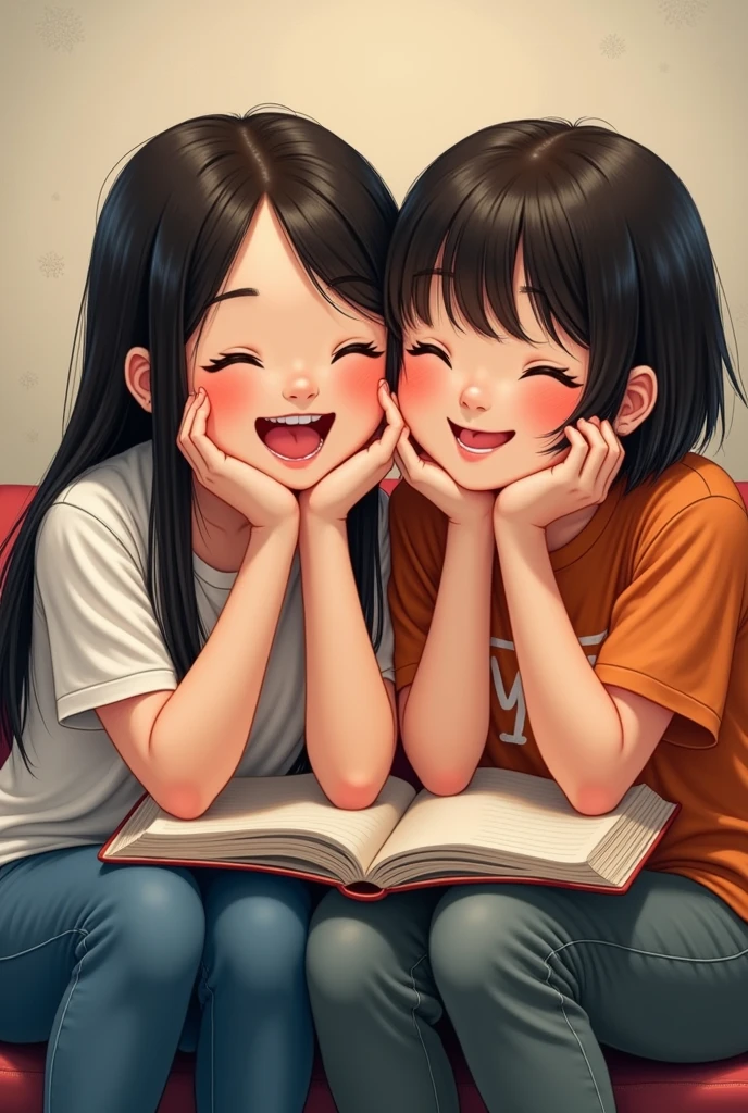 work of art, best qualityer,, two friends, one black with long straight hair without bangs and the other white with short black hair and bangs ,dark brown eyes , Grinning, sitting, em on , wearing pants and shirt, bared shoulders, Off The Shoulder, Grinning, com textbooks na mao das duas ,textbooks, as duas sao fat,fat , hands together, mãos no queixo com textbooks ,, trunk