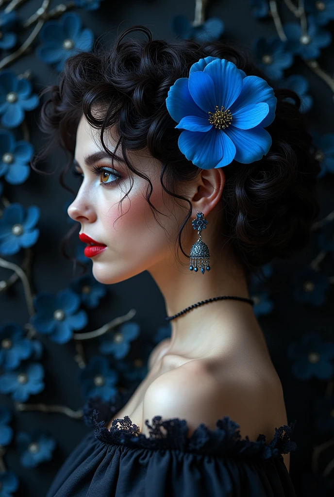 a woman with a blue flower in her hair, trending on cg society, gothic art, gothic rich deep colors, wearing ornate earrings,  red lips, beautiful avatar pictures, curly dark hair, blue and black color scheme, beauty retouch, innocent look. background of black grape vine petals, rich vivid colors, black rococo, gorgeous background, elegant profile pose, dark-hair, beautiful image