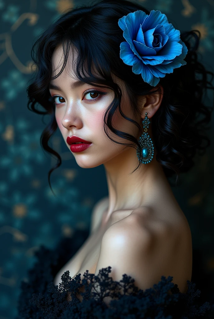 a woman with a blue flower in her hair, trending on cg society, gothic art, gothic rich deep colors, wearing ornate earrings,  red lips, beautiful avatar pictures, curly dark hair, blue and black color scheme, beauty retouch, innocent look. background of black grape vine petals, rich vivid colors, black rococo, gorgeous background, elegant profile pose, dark-hair, beautiful image
