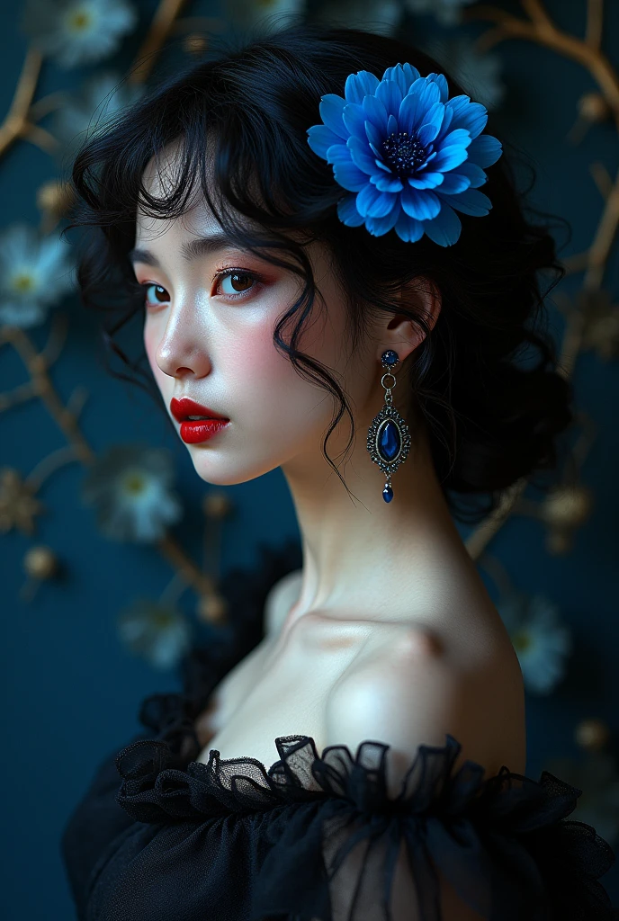 a woman with a blue flower in her hair, trending on cg society, gothic art, gothic rich deep colors, wearing ornate earrings, red lips, beautiful avatar pictures, curly dark hair, blue and black color scheme, beauty retouch, innocent look. background of black grape vine petals, rich vivid colors, black rococo, gorgeous background, elegant profile pose, dark-hair, beautiful image