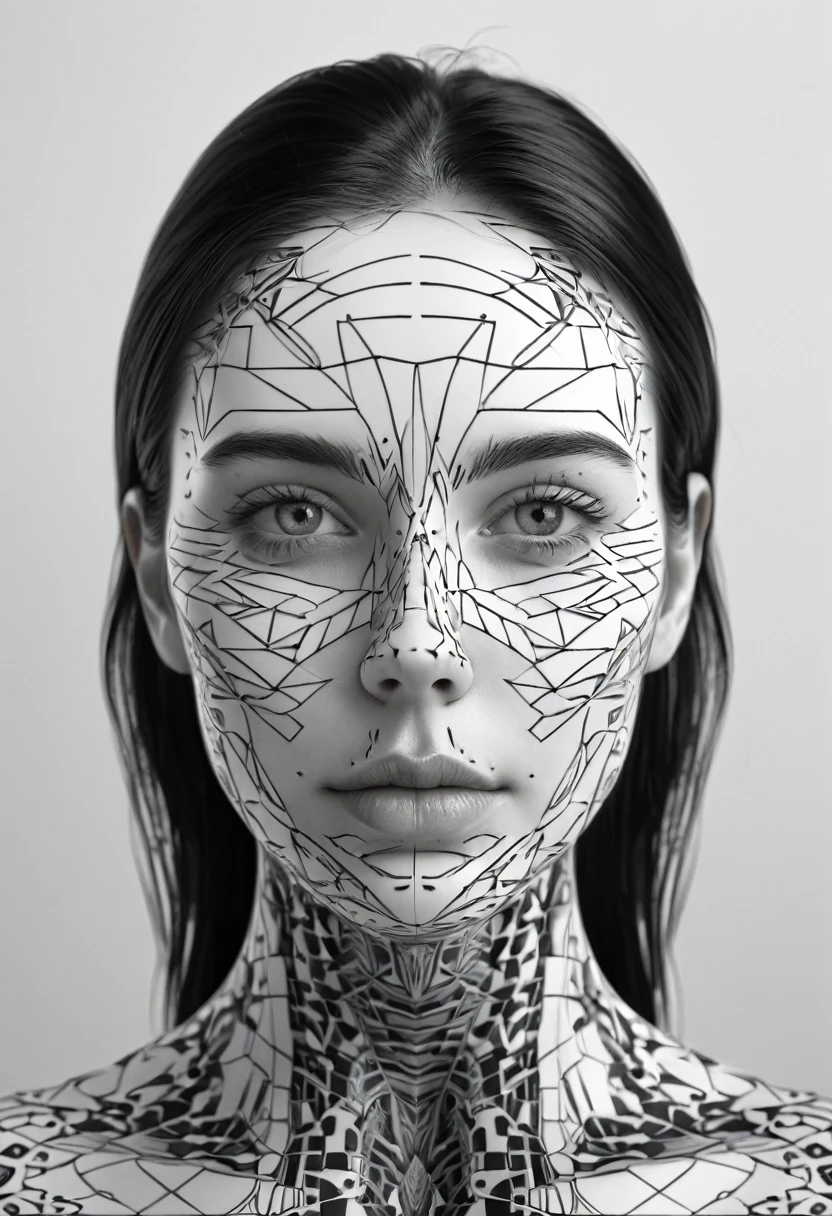 a woman with a black and white pattern on her face, stunning digital art, complicated digital art, 3 d digital art, 3d digital art, complicated digital artwork, Advanced 3D digital art, amazing detailed digital art, digital complicated art, Detailed 3D digital art, amazing digital art, 4k symmetrical portrait, 4k symmetrical portrait